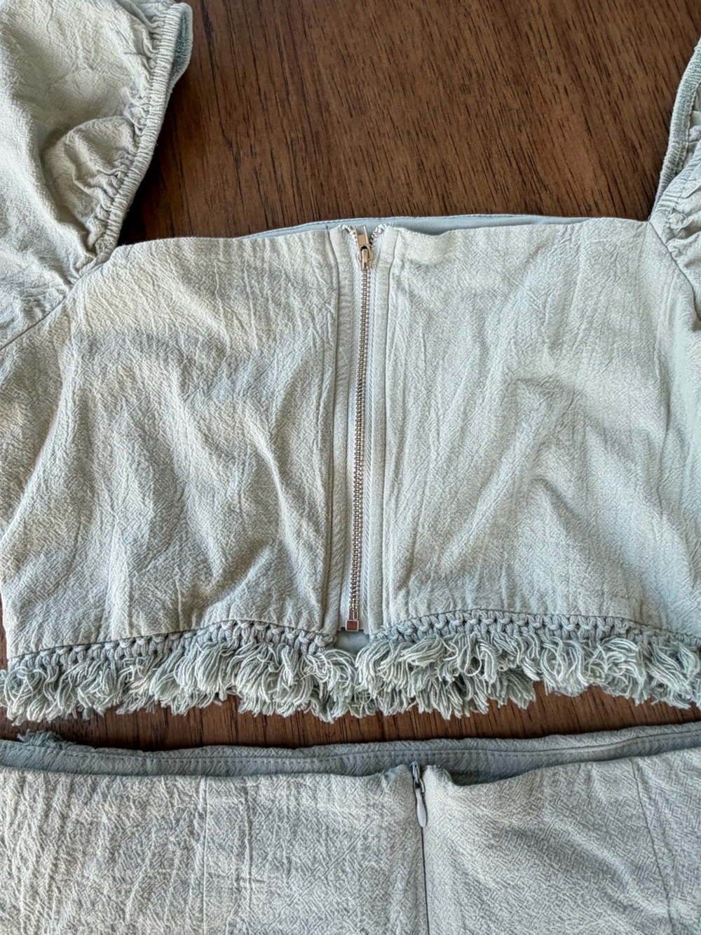 Blue Blush Two-Piece Fringe Trim Crop Top & Skort Set — Light Sage - Picture 7 of 8